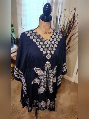 Navy Boho Tunic with White Floral Embroidery